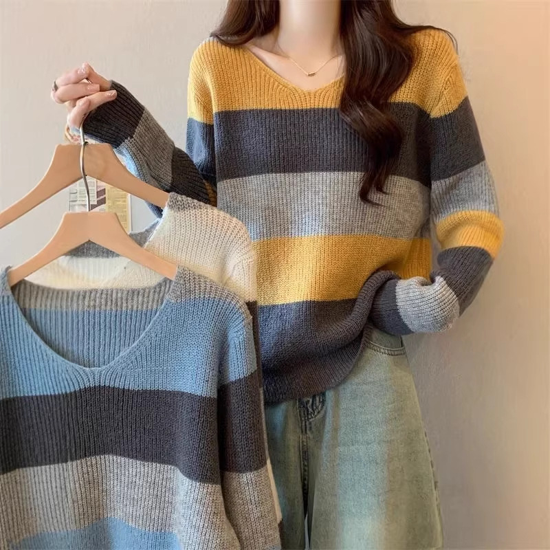 Contrast color V-neck striped long-sleeved sweater women's autumn and winter Korean style loose slimming pullover age-reducing top bottoming shirt