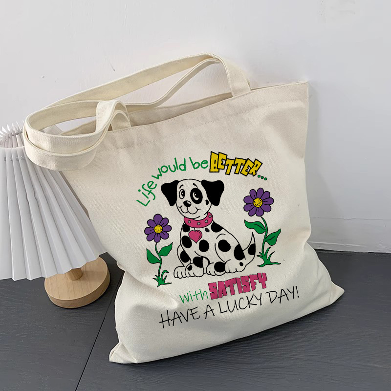 Nueva bolsa de lona de hombro de las mujeres lindo perro ilustración bolsa de lona de gran capacidad con cremallera estudiante clase tutorial bolsa