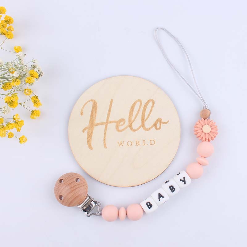 Suministros para bebés Tarjeta de hito de madera bebé creativo de dibujos animados Margarita silicona mordedor pezón cadena anti-caída