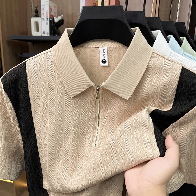Summer New Style Men's Short-Sleeved Casual Half-Zip Casual Color-Blocked Lapel Short-Sleeved Polo Shirt for Young and Middle-Aged People