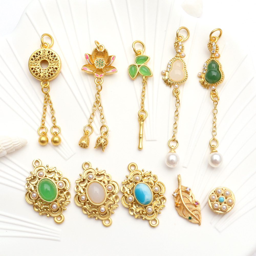 ancient color retaining alluvial gold tassel pendant inlaid stone lotus coin bamboo pendant diy bracelet necklace accessories