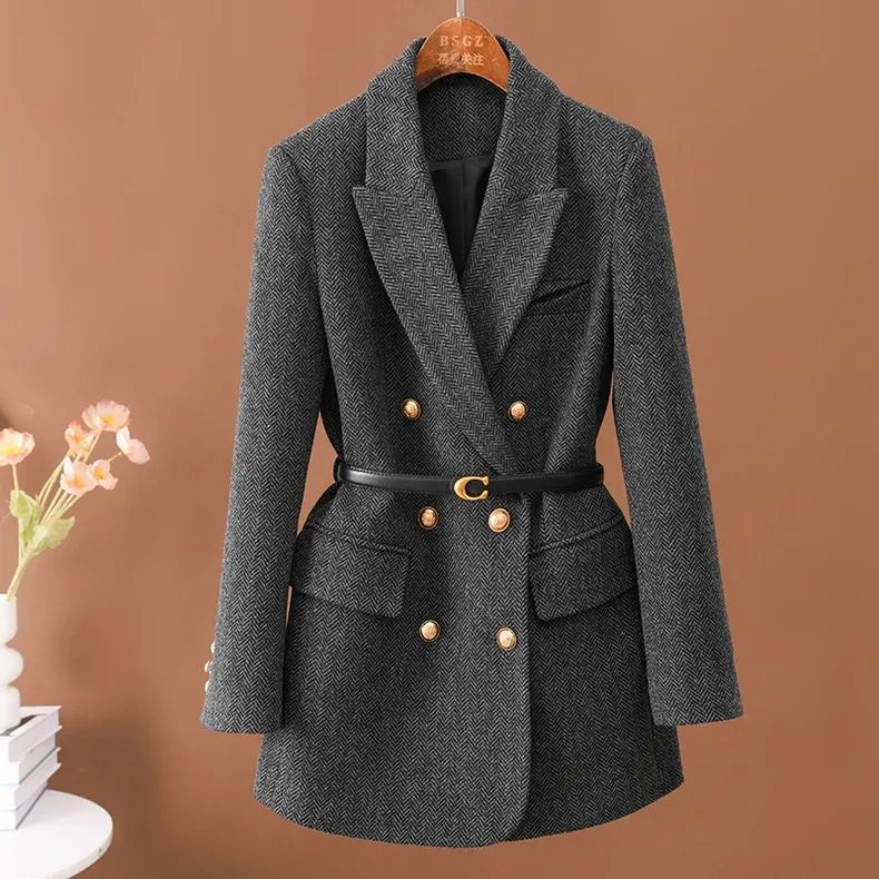 2025 New Autumn and Winter High-End Long-Sleeved Suit Jacket Woolen Double-Breasted Elegant Fashion Suit Mid-Length Jacket for Women