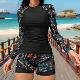 新款欧美外贸泳装竞速潜水服长袖印花双层裤头女分体坦基尼泳衣女