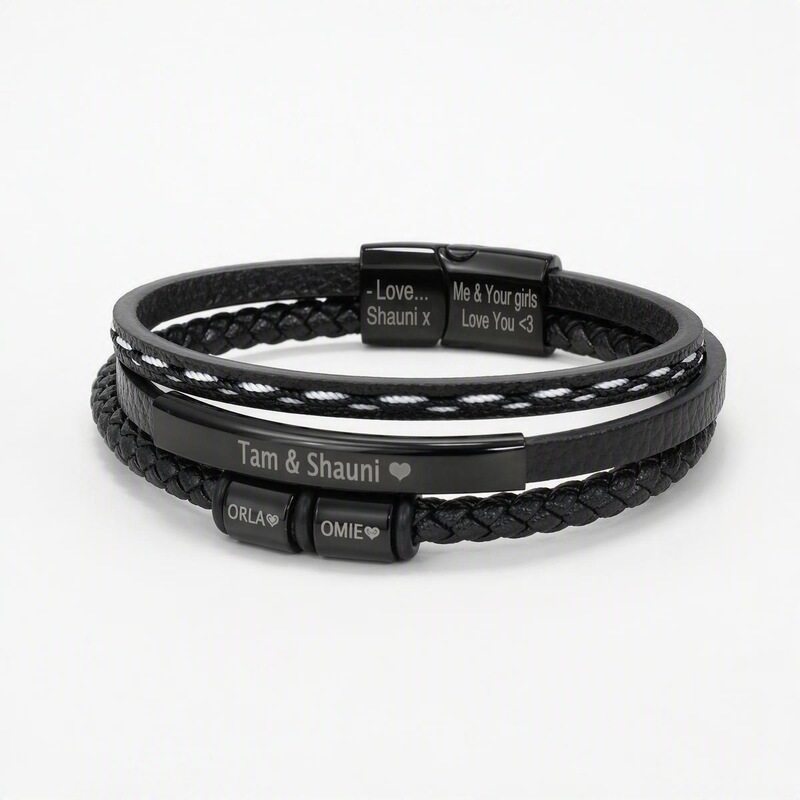 Woven Leather Engraved Bracelet Men's Couple's Titanium Steel Magnetic Clasp Fashion Bracelet Black Multi-Layer Design Woven Leather Engraved Bracelet Men's Couple's Titanium Steel Magnetic Clasp Fashion Bracelet Black Multi-Layer Design