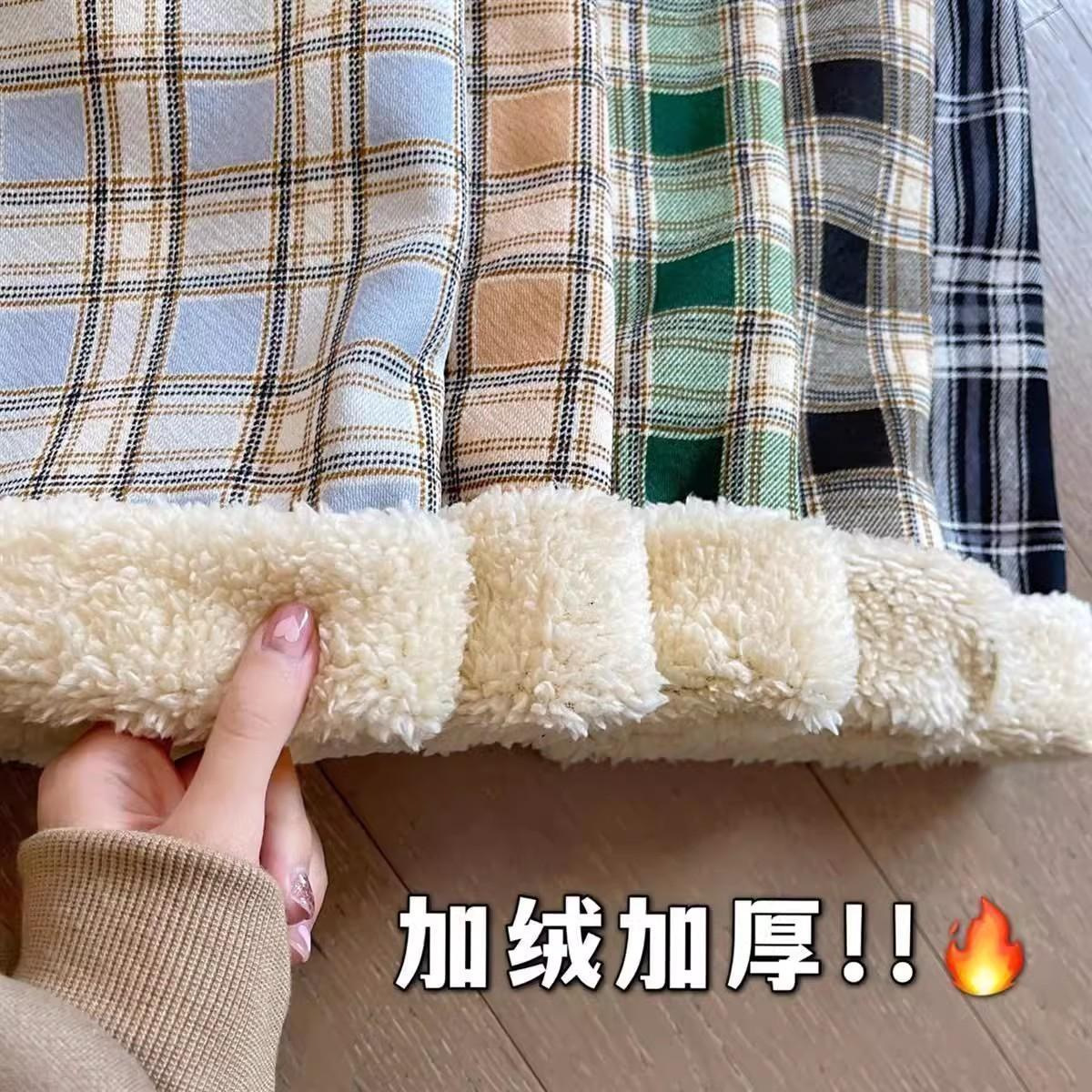 加绒加厚羊羔绒格子裤直筒高腰2024年冬新休闲阔腿裤子高腰显瘦