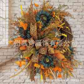 秋季感恩节丰收节丝带豹纹花环向日葵仿真植物花圈前门装饰Fall