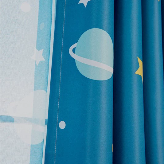 Curtain Fabric Blue Planet Print, Black-silk Blackout, Printed Per Meter for Living Room & Bedroom