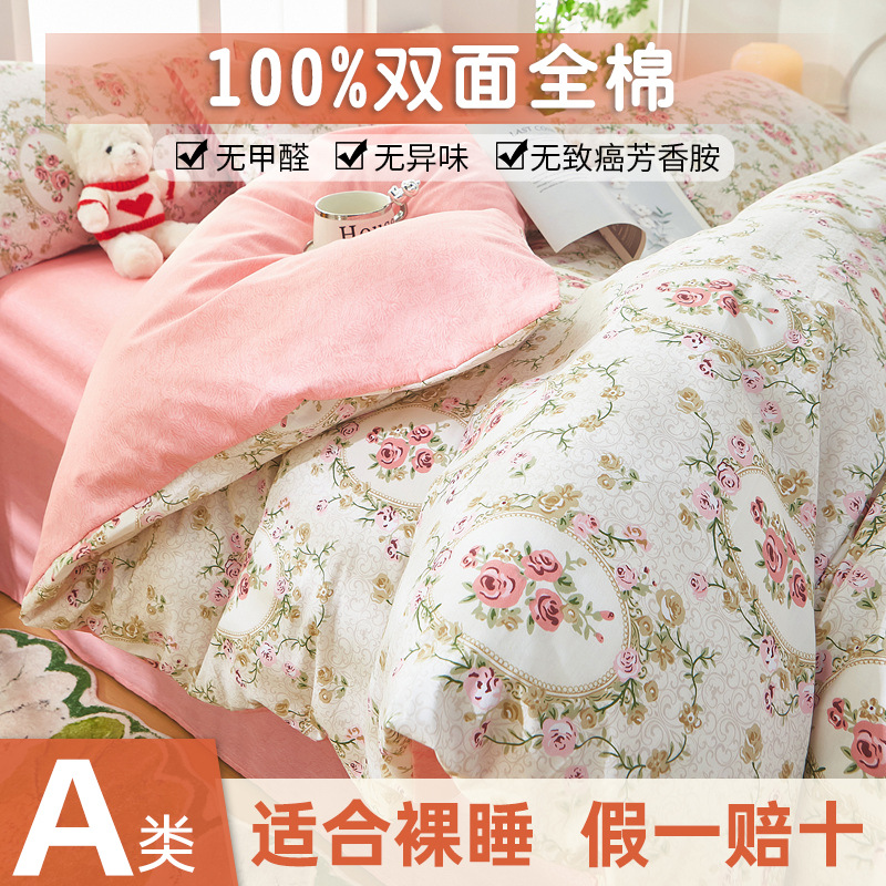 Ab Version Cotton Printed Bed Sheet Duvet Cover Four-Piece Set Pure Cotton Duvet Cover Pillowcase Double Single Student Cartoon Print