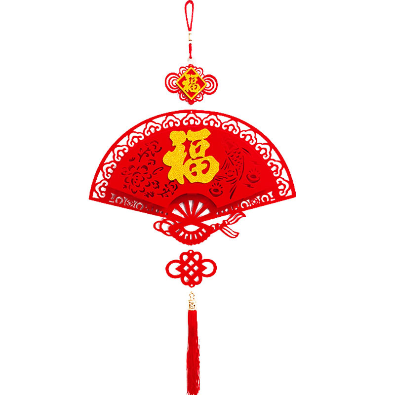 2026 three-dimensional fu character pendant living room wall non-woven felt door sticker decorative creative fan-shaped ornaments chinese knot
