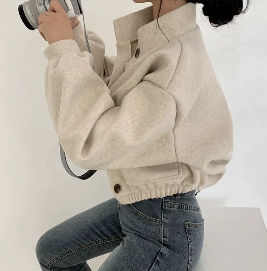 Демисезонное oversize короткое шерстяное пальто, корейский стиль, шерстяная смесь, абрикосовый/черный/серый