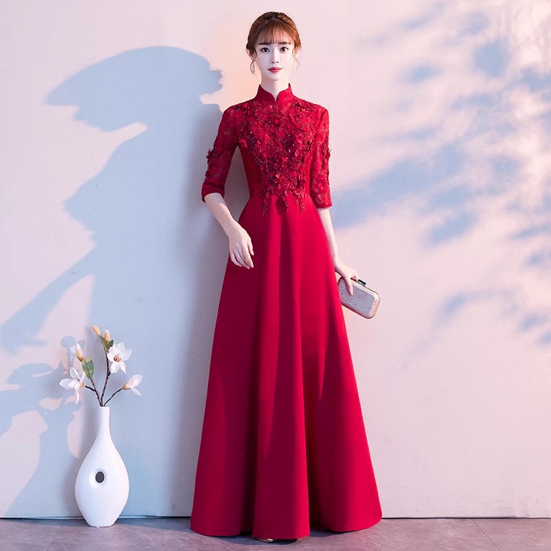 Chinese-Style Toast Dress for Bride 2026 New Slim-Fit Burgundy Wedding Engagement Dress Qipao Evening Gown for Women