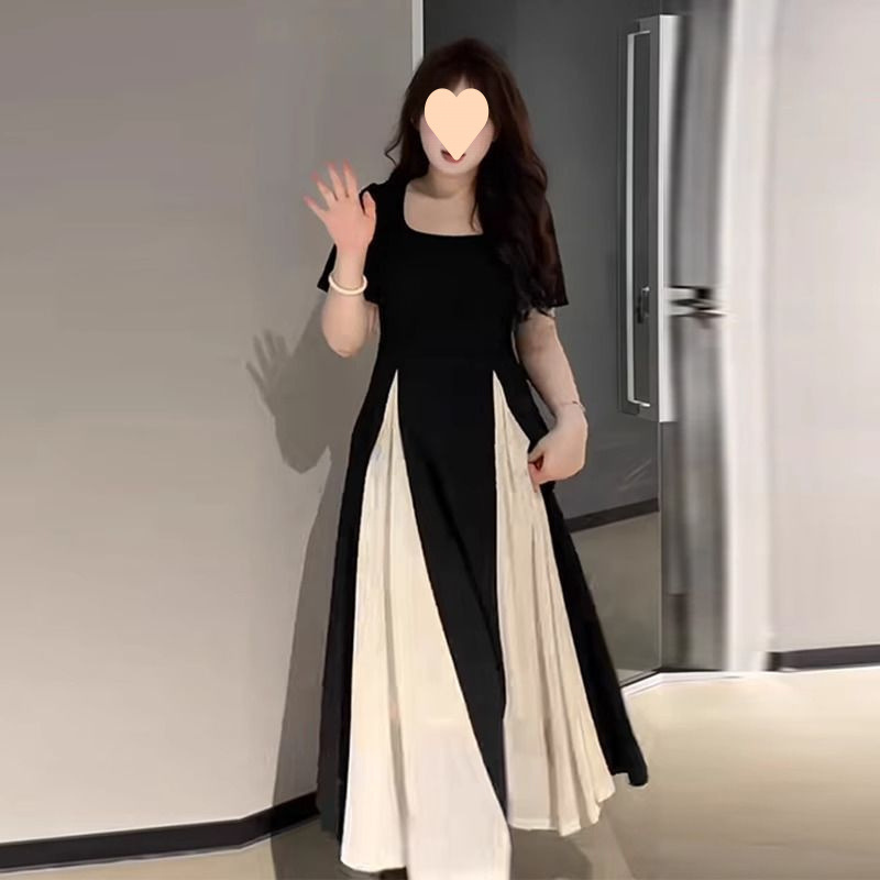 Slightly Fat Plus Size Summer New Style Contrasting Color Design Waist-Cinching Right Shoulder Mesh Splicing Square Neck Dress