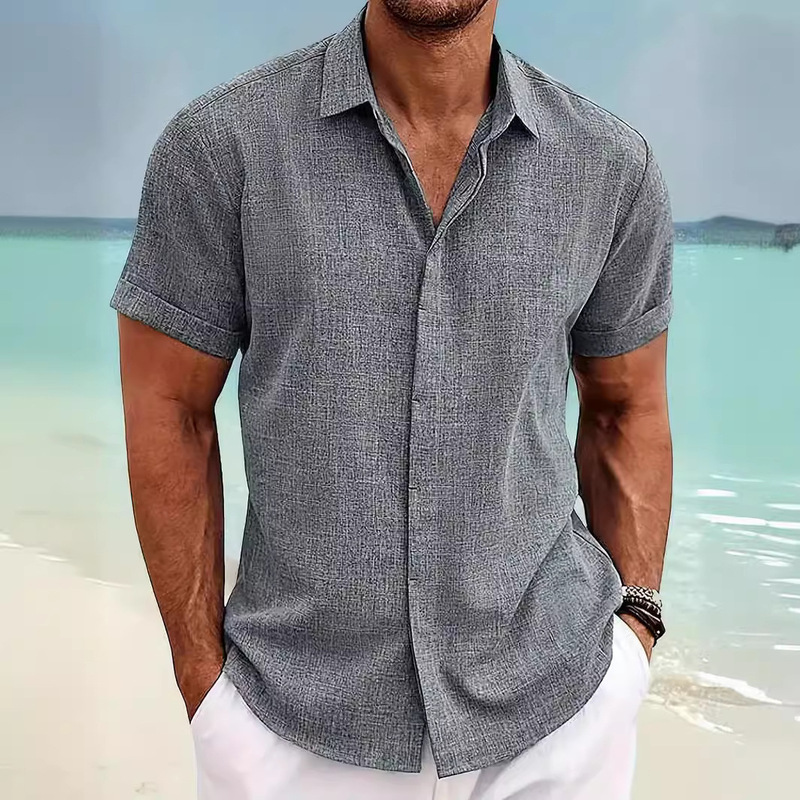 Cross-border Amazon wish ebey Men's Loose Sweatshirt Cotton Linen Shirt Beach plus size Men's Short Sleeve Shirt