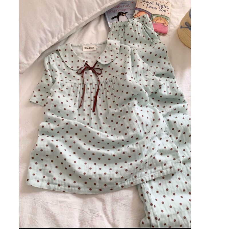 Two-piece/three-piece girls' pajama set with nightcap, summer doll collar mint green polka dot loungewear Two-piece/three-piece girls' pajama set with nightcap, summer doll collar mint green polka dot loungewear