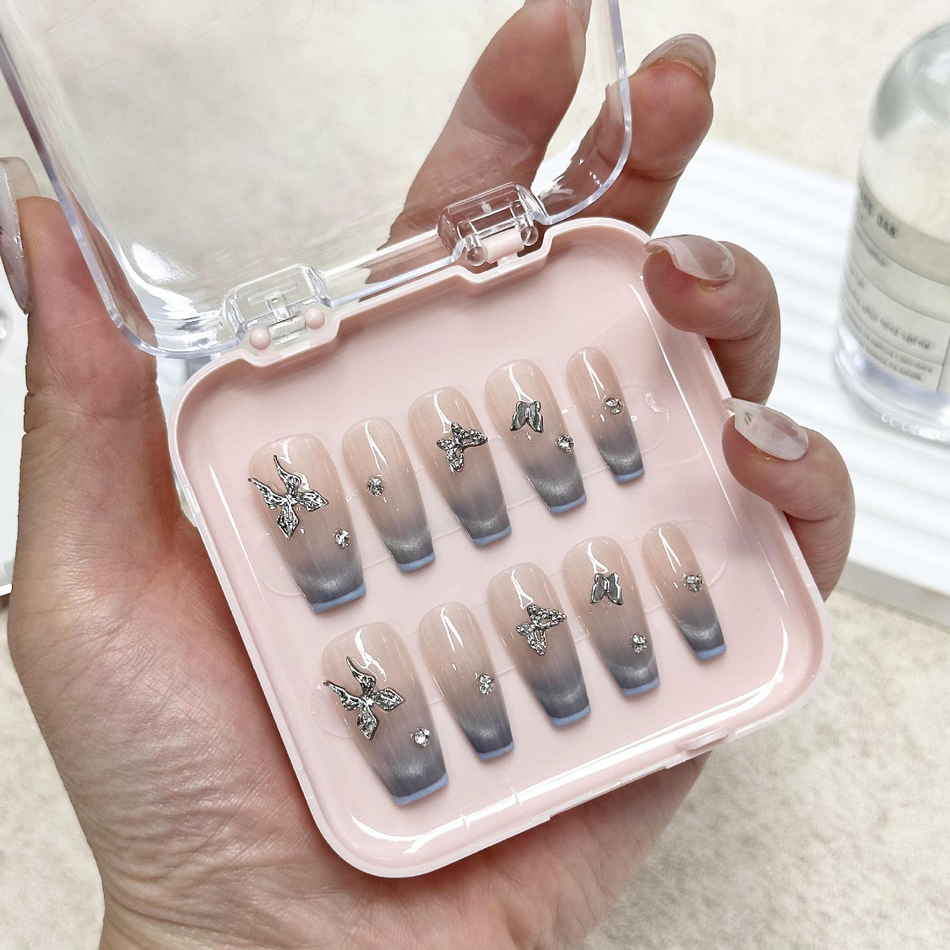 Caja de almacenamiento de uñas de desgaste hecho a mano cubierta transparente fondo rosa pieza de uñas de acrílico desgaste caja de embalaje de uñas al por mayor