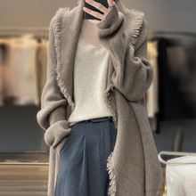 中长款羊毛开衫女秋季新款气质简约加厚披肩式无扣100羊绒衫外套