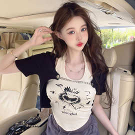 美式复古甜辣妹挂脖背心罩衫纯欲长袖ins短款显瘦上衣T恤两件套女