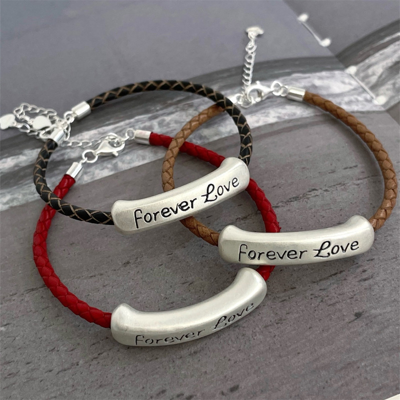 Wholesale S999 Foot Silver Natural Top Layer Cowhide Couple Forever Love Bracelet Simple High-end Joker