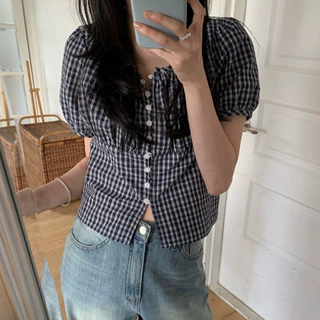 韩系温柔减龄格子短袖衬衫女夏新款设计感圆领收腰显瘦泡泡袖上衣