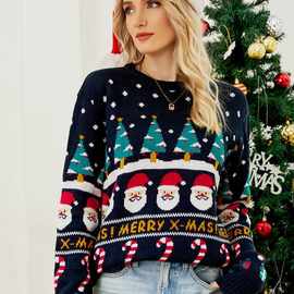 外贸亚马逊秋冬小众设计毛衫女欧美圣诞树针织衫套头小雪人厚毛衣