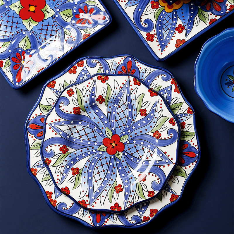 European-style Creative Ceramic Tableware Set Household Hand-painted Large Western-style Steak with Side Plate Square Plate Disc Tableware