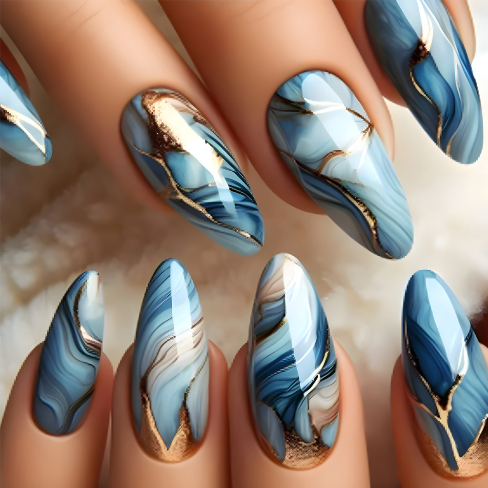 Uñas Postizas Tipo Gota de Agua con Arena Movediza Ultrafino Con Purpurina para Manicura