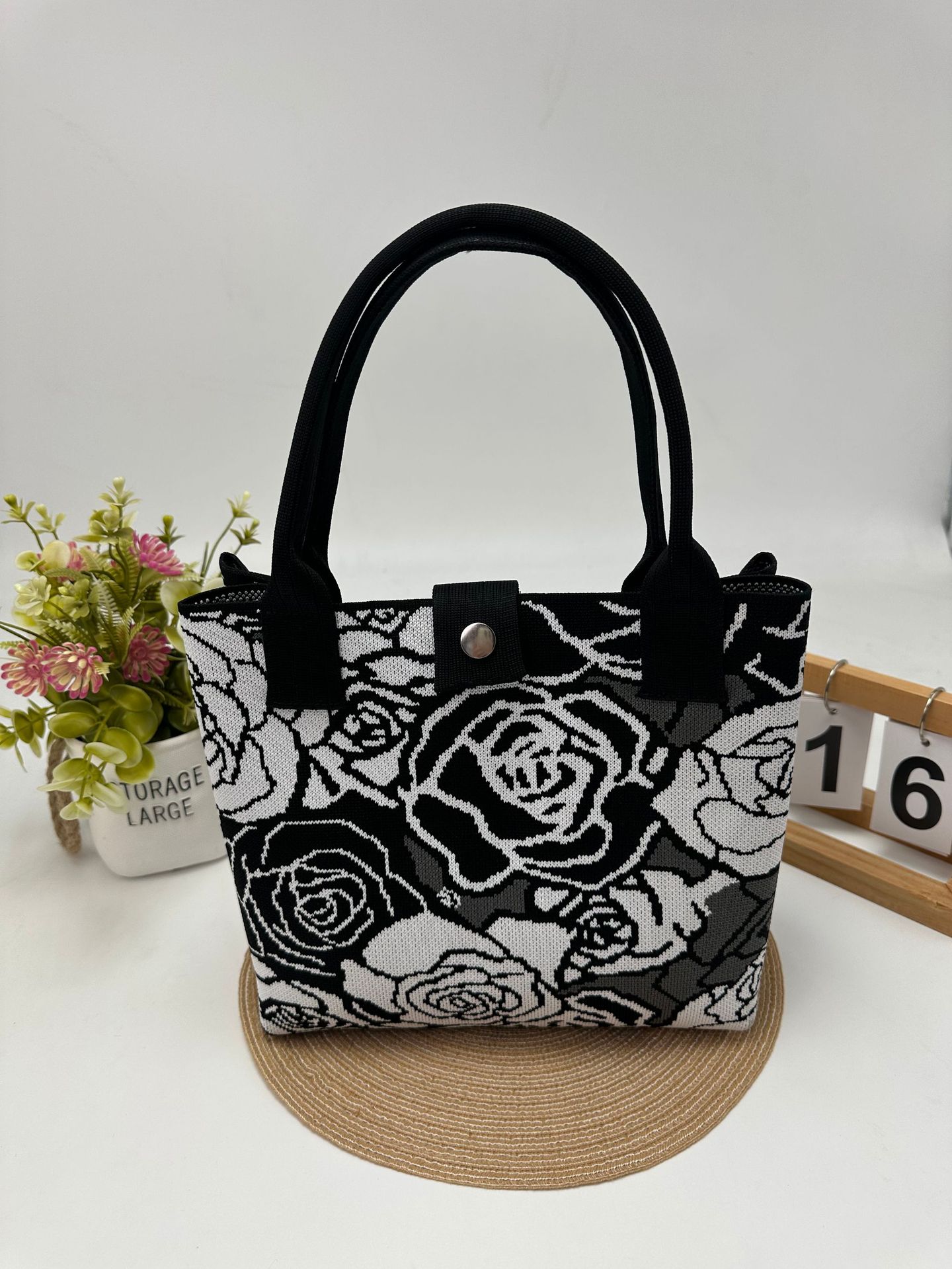 Houndstooth Knit Structured Large Capacity Square Handbag 29