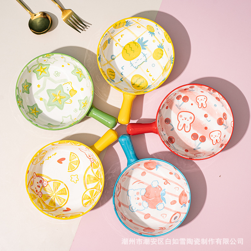 Japanese Cartoon Fruit Ceramic Handle Bowl Fruit Instant Noodles Salad Bowl Home Creative Baked Rice Handle Bowl Porridge