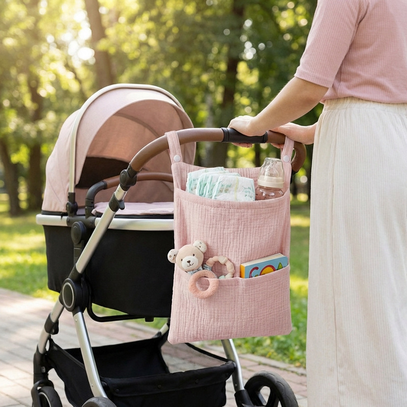 Baby Crib Storage Hanging Bag, Stroller Bag, Pure Cotton Double-Compartment Diaper, Nappy, Bottle, Teething Toy, Decorative Storage Bag