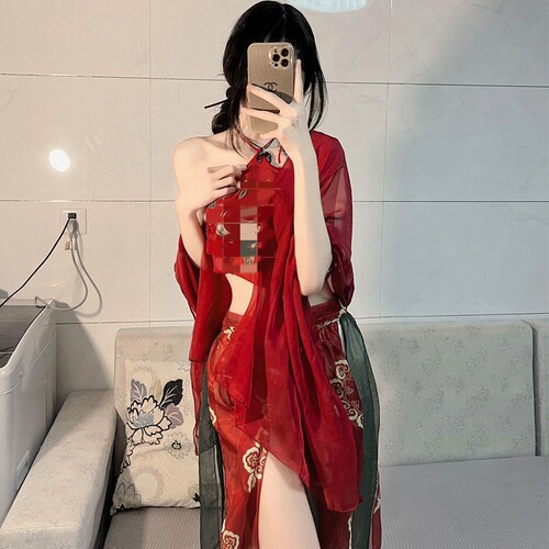 Sexy lingerie, female sexy bellyband, tempting printed Phoenix flying solid color see-through uniform, exotic ancient style dance costume