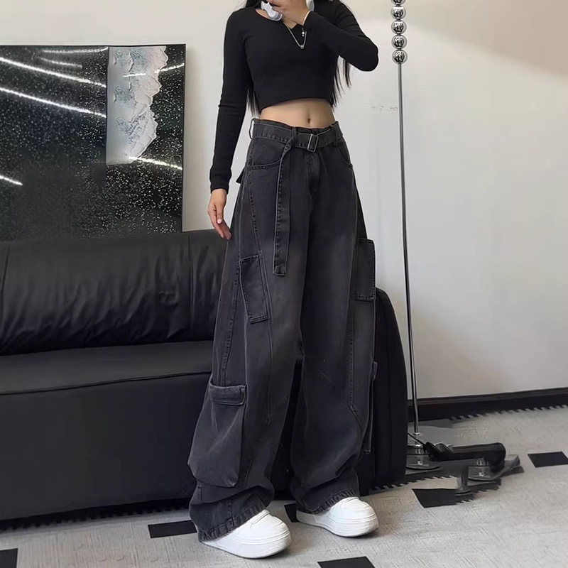 Black Multi-Pocket Men's Jeans with Ribbon Design, High-Waisted Straight-Leg Wide-Leg Extended Work Pants for Autumn Black Multi-Pocket Men's Jeans with Ribbon Design, High-Waisted Straight-Leg Wide-Leg Extended Work Pants for Autumn