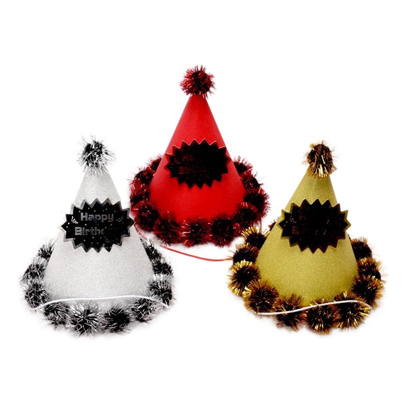 Venta al por mayor 20cm fiesta cumpleaños sombrero niños adultos fiesta suministros pompón oro seda años de edad bola de papel sombrero