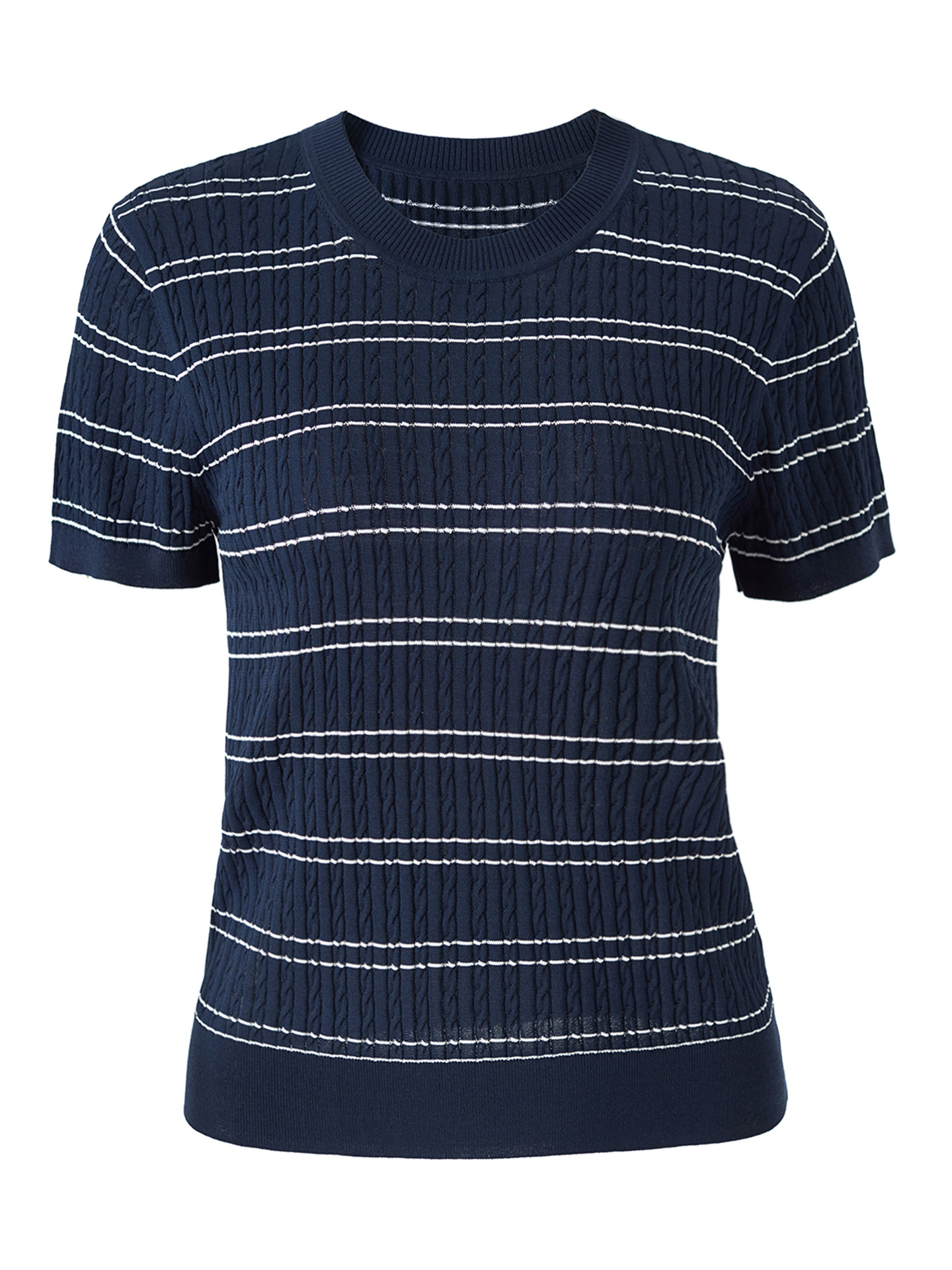 Áo thun dệt kim tay ngắn cổ tròn họa tiết sọc vintage nữ — màu xanh navy