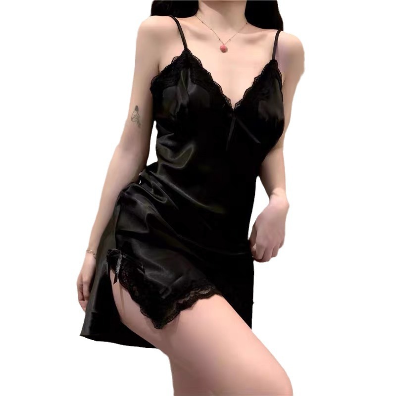 Verano nuevo pijama de mujer simple color sólido oscuro cuello en V pequeño sexy dulce pijama casero vestido corto comercio exterior al por mayor