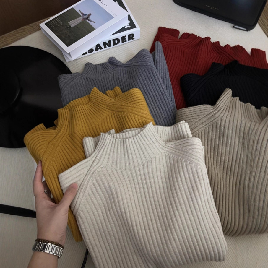 【主推】2025秋冬韩系简约休闲百搭半高领针织衫坑条针织衫毛衣女