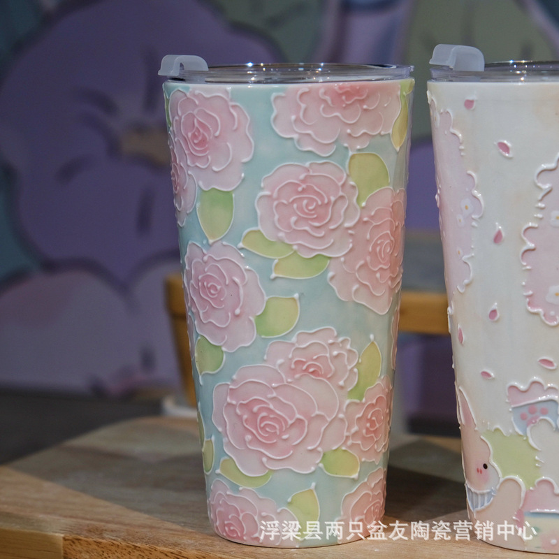 Guochao パイルオブフラワータンブラー 蓋付き ストローカップ 大容量 景徳鎮万華カップ 釉下色手描きウォーターカップ|undefined