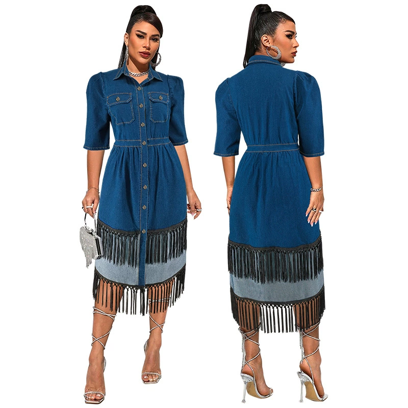 218528 Трансграничное женское джинсовое платье больших размеров с лацканами и короткими рукавами, двухцветное длинное платье с кисточками, прямая продажа с фабрики