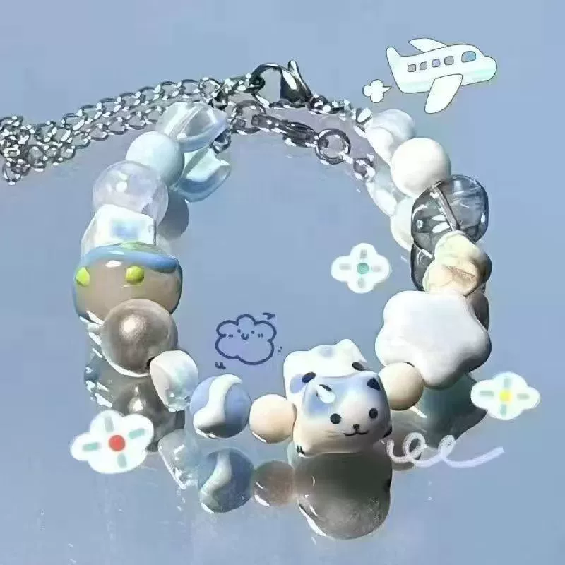 Beaded Cat Charm Bracelet, Cute Elastic Strap, Multicolor Beads, Adjustable Chain (1 pc)