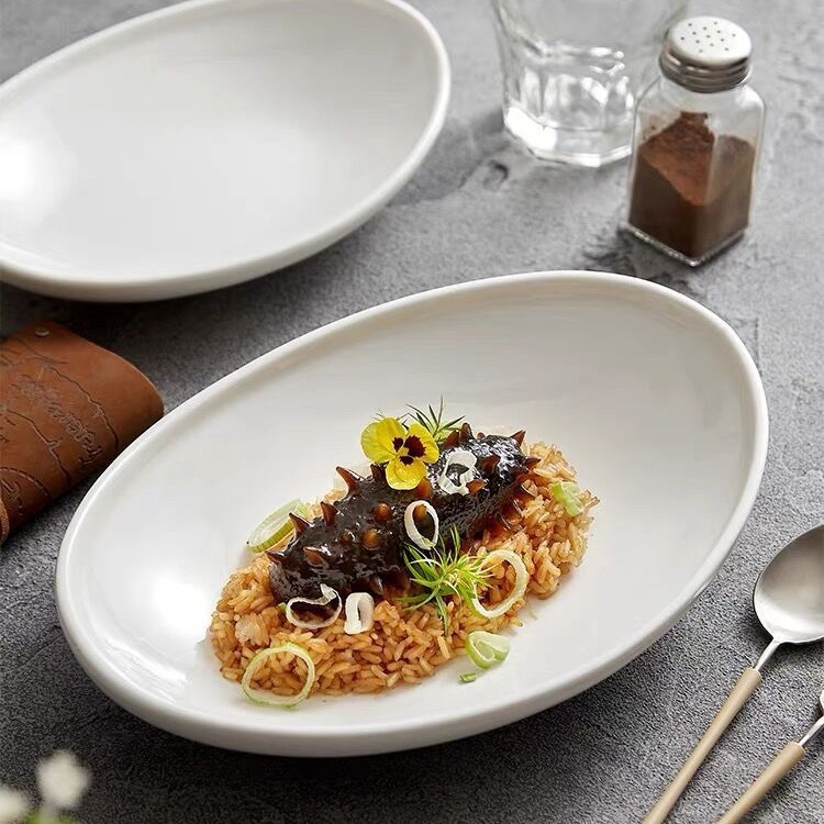 Hotel Pure White Ceramic Oval Foot Plate Restaurant Club Concave Shape Cold Dishes Cold Dishes Plate Tableware