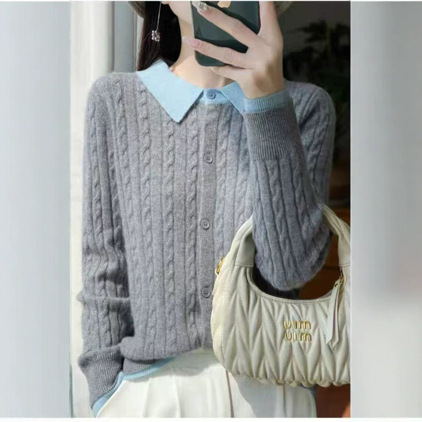 패션 가짜 투피스 카라 가디건 여성 폴로넥 슬림 배색 숏 재킷 상의 가을 꽈배기 니트