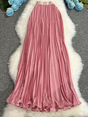 Classic and Versatile High-Waist Slimming Wave Edge A-Line Long Skirt for Women with Pleated Hem and Button Detail