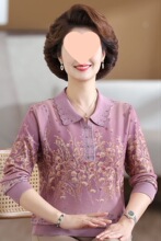 妈妈秋装洋气长袖恤40-50翻领小衫薄上衣中老年春秋女时尚打底衫