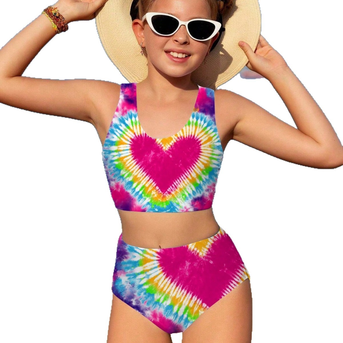 Conjunto de biquíni infantil de duas peças com estampa fofa, roupa de banho moderna para meninas de 3 a 7 anos._voghion.com