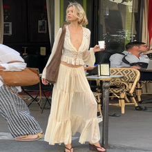 时尚法式欧美跨境新款女装性感蕾丝雪纺开衫上衣宽松透视绑带长裙