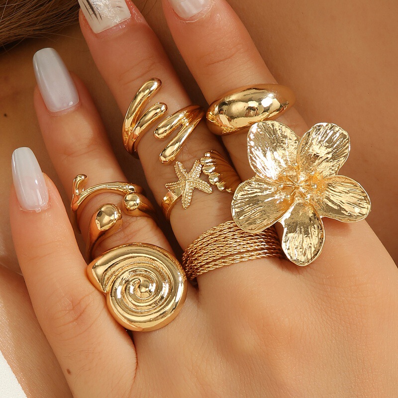 European and American Cross-Border Jewelry Ocean Resort Style Conch Multi-Piece Ring Metal Flower Open Ring Women's Accessories Jewelry
