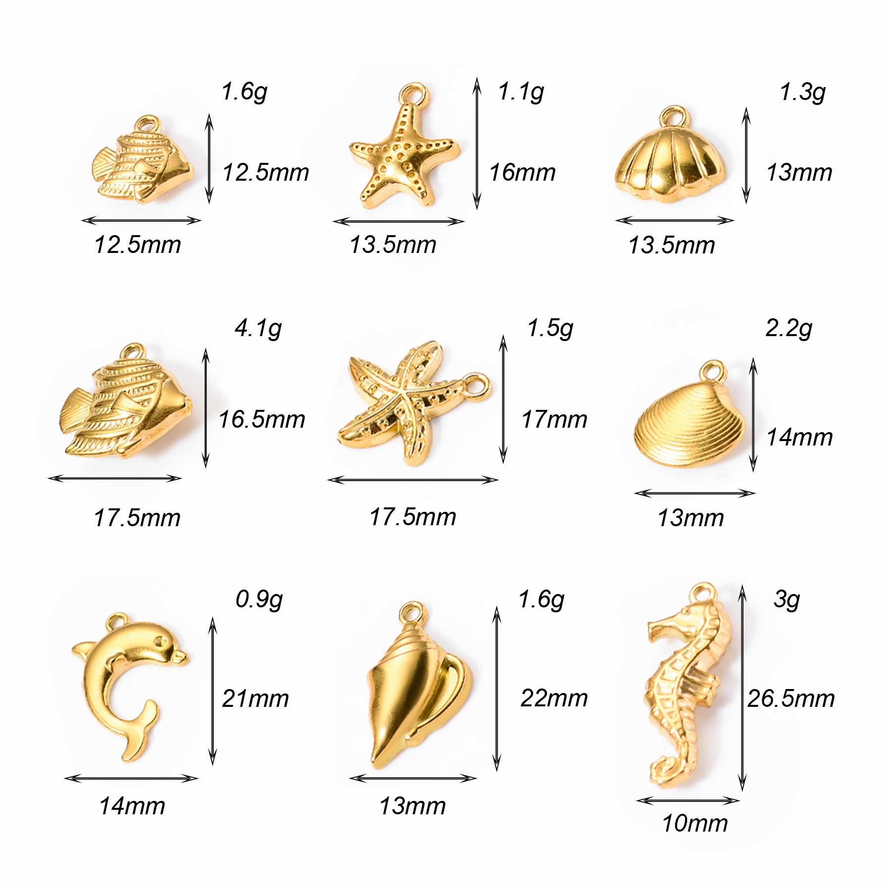 11g Weight PVD Coated Gold Plating Process 5 PCS/Package 12.5*12.5mm 13.5*13mm 13.5*16mm 304 Stainless Steel Starfish Shell Fish Pendant