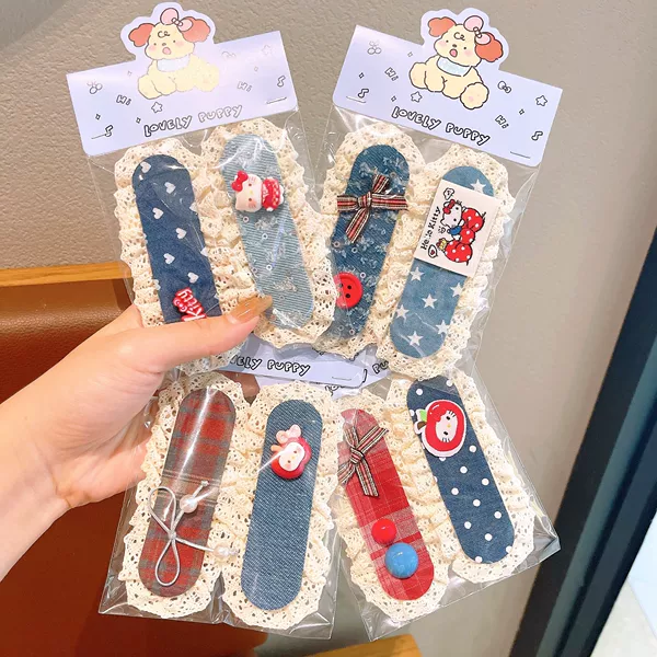Korean-Style Cat-Themed Children's Hair Stickers with Floral Lace for Little Girls, Bangs and Forehead Hair Organizer, Denim Magic Tape