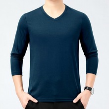 专柜正品桑蚕丝T恤男长袖2025秋青中年男装V领上衣时尚百搭打底衫