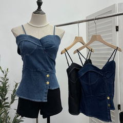 Real shot 2024 summer hot girl style denim camisole irregular button slit tube top short top 2388