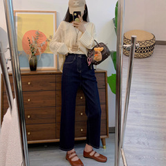 春不晚直筒牛仔裤女2025年秋季新款四面弹丹宁蓝九分法棍裤小个子